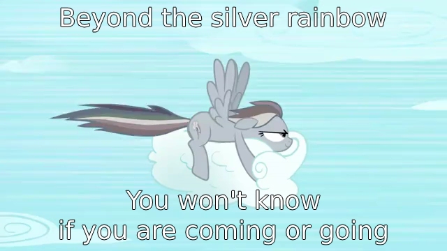 Size: 640x360 | Tagged: safe, derpibooru import, edit, edited screencap, screencap, rainbow dash, the return of harmony, corrupted, discorded, genesis, image, jpeg, lyrics, silver rainbow, solo, song reference, text, text edit