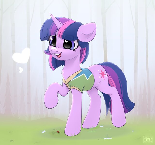 Size: 2462x2304 | Tagged: safe, artist:reterica, derpibooru import, twilight sparkle, insect, ladybug, pony, unicorn, winter wrap up, chest fluff, clothes, cute, featured image, female, grass, heart, image, jpeg, mare, open mouth, raised hoof, shirt, solo, tree, twiabetes, unicorn twilight, winter wrap up vest