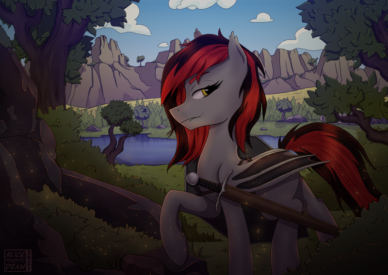 Size: 1755x1243 | Tagged: safe, artist:alicetriestodraw, derpibooru import, oc, oc:cinder, unofficial characters only, bat pony, digital art, forest, illustration, image, lake, mountain, png, scenery, shield, solo, sword, tree, walking, weapon