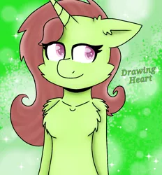 Size: 1027x1108 | Tagged: safe, artist:oliviatheangelfox, derpibooru import, oc, oc:drawing heart, unofficial characters only, pony, unicorn, abstract background, bust, chest fluff, image, png, smiling, solo