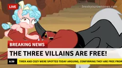 Size: 1280x720 | Tagged: safe, derpibooru import, edit, edited screencap, screencap, cozy glow, lord tirek, centaur, pegasus, pony, frenemies (episode), antagonist, arms, bow, break your own news, breaking news, caption, cloven hooves, cozy glow is best facemaker, curly mane, derp, evil lair, faic, female, filly, funny, funny faces, grogar's lair, horns, image, image macro, lair, male, meme, nose piercing, nose ring, piercing, png, stairs, text