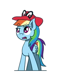 Size: 1350x1800 | Tagged: safe, artist:flutterluv, derpibooru import, rainbow dash, pegasus, pony, cap, cappy (mario), crossover, hat, image, mario's hat, nintendo, png, raised eyebrow, simple background, solo, super mario bros., super mario odyssey, transparent background