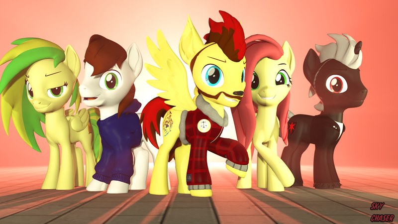 Size: 1920x1080 | Tagged: safe, artist:sky chaser, derpibooru import, oc, oc:flower hunter, oc:omega, oc:sky chaser, oc:winter gust, oc:wooden toaster, unofficial characters only, earth pony, pegasus, pony, unicorn, wolf, wolf pony, 3d, beard, clothes, facial hair, group, hoodie, image, jacket, png, source filmmaker