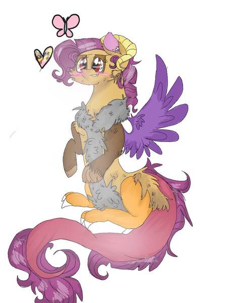 Size: 780x1040 | Tagged: safe, artist:cocolove2176, derpibooru import, oc, oc:coraliss rose, unofficial characters only, butterfly, draconequus, hybrid, insect, female, image, interspecies offspring, jpeg, offspring, parent:discord, parent:fluttershy, parents:discoshy, shipping, simple background, sitting, solo, white background