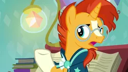 Size: 1920x1080 | Tagged: safe, derpibooru import, screencap, sunburst, pony, unicorn, the crystalling, clothes, glasses, image, male, open mouth, png, raised hoof, robe, solo, stallion, sunburst's cloak, sunburst's glasses