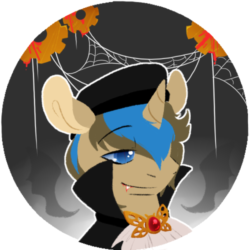 Size: 500x500 | Tagged: safe, artist:spaceasylum, derpibooru import, oc, oc:clockwork (lavender love), unofficial characters only, pony, unicorn, vampire, blood, bust, clothes, hat, image, male, png, solo, spider web, stallion