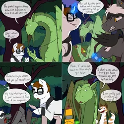 Size: 2562x2562 | Tagged: safe, artist:professor-ponyarity, derpibooru import, oc, oc:gear shadow, oc:gene, oc:maxi, oc:rye, bat pony, dragon, pony, unicorn, wolf, tumblr:ask rye dimar dragon, glasses, image, male, png, stallion, tree