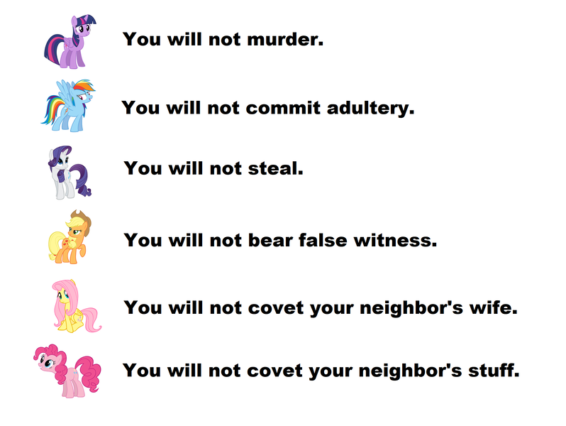 Size: 1984x1492 | Tagged: safe, derpibooru import, edit, applejack, fluttershy, pinkie pie, rainbow dash, rarity, twilight sparkle, alicorn, image, mane six, obligatory pony, png, religion, simple background, ten commandments, twilight sparkle (alicorn), white background