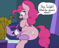 Size: 2920x2376 | Tagged: safe, artist:blitzyflair, derpibooru import, pinkie pie, twilight sparkle, earth pony, pony, bed, bedroom, bedsheets, belly button, chubbie pie, chubby, duo, fat, female, hol up, image, jpeg, looking at each other, looking down, looking up, lying down, mare, on top, open mouth, personal space invasion, pillow, pinkie being pinkie, pinkiedom, plump, pudgy pie, question, scrunchy face, shrunken pupils, sitting, sitting on, sitting on pony, smiling, speech bubble, stalker
