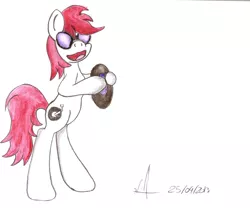 Size: 2540x2111 | Tagged: safe, artist:almaustral, derpibooru import, oc, unofficial characters only, earth pony, pony, :d, bipedal, disc, earth pony oc, hoof hold, image, open mouth, png, signature, smiling, solo, sunglasses, traditional art