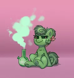 Size: 1514x1597 | Tagged: safe, artist:confetticakez, derpibooru import, oc, oc:cinnamon spangled, earth pony, pony, bandana, bong, chest fluff, color change, drug use, drugs, female, high, image, mare, marijuana, png, simple background, sitting, smiling, smoke, smoke weed erryday, solo, underhoof