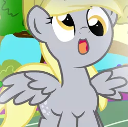 Size: 611x606 | Tagged: safe, artist:pyruvate, derpibooru import, derpy hooves, pegasus, pony, comic:dragon queen, cute, derp, derpabetes, front view, image, looking up, png, reaction image, solo, spread wings, wings