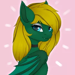 Size: 4050x4050 | Tagged: source needed, safe, artist:bellfa, derpibooru import, oc, oc:midnight lightning, bat pony, pony, bat wings, blue eyes, chest fluff, choker, commission, ear fluff, eyelashes, eyeshadow, female, image, looking at you, looking over shoulder, makeup, mare, png, wings, ych result