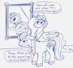Size: 1480x1382 | Tagged: safe, artist:heretichesh, derpibooru import, prince blueblood, princess celestia, alicorn, pony, unicorn, annoyed, aunt and nephew, bust, cape, clothes, dialogue, embarrassed, family, female, image, male, mare, png, portrait, sketch, stallion, text, young prince blueblood