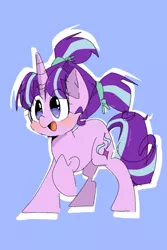 Size: 1080x1620 | Tagged: safe, artist:pnpn_721, derpibooru import, starlight glimmer, pony, unicorn, blue background, blushing, cute, female, filly, filly starlight glimmer, glimmerbetes, image, jpeg, pigtails, simple background, solo, younger