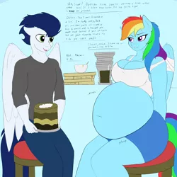 Size: 3000x3000 | Tagged: suggestive, artist:astrum, derpibooru import, rainbow dash, soarin', anthro, pegasus, bandage, bandaged wing, bbw, belly, belly button, big belly, big breasts, bowl, breasts, busty rainbow dash, cake, chubby, chubby dash, cleavage, clothes, colored, dessert, dialogue, digital art, duo, fat, feedee, feeder, feeding, female, fetish, food, holding, huge belly, image, injured, injured wing, jeans, large butt, lidded eyes, long sleeve shirt, long sleeves, male, mug, onomatopoeia, pampering, pants, pizza box, plates, png, rainblob dash, sexy, shipping, shirt, shorts, sitting, smiling, soarindash, sports shorts, stomach noise, stool, straight, stuffed, stuffed belly, stupid sexy rainbow dash, tanktop, teasing, thighs, thunder thighs, tight clothing, tubby wubby pony waifu, wall of tags, wardrobe malfunction, wings, worried