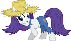 Size: 647x379 | Tagged: safe, artist:sollace, derpibooru import, rarity, pony, unicorn, simple ways, spoiler:harvesting memories, .svg available, clothes, cute, derpibooru exclusive, hat, image, open mouth, overalls, png, raised leg, rarihick, simple background, solo, still fabulous, straw hat, transparent background, vector