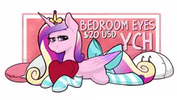 Size: 1583x891 | Tagged: suggestive, artist:cadetredshirt, derpibooru import, princess cadance, alicorn, pony, bow, clothes, commission, crown, image, jewelry, jpeg, looking at you, missing accessory, pillow, regalia, smiling, smiling at you, socks, solo, striped socks, tail bow, your character here