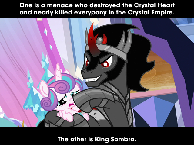 Size: 640x480 | Tagged: safe, derpibooru import, edit, edited screencap, screencap, king sombra, princess flurry heart, alicorn, pony, unicorn, the beginning of the end, abuse, caption, comparison trolling, female, filly, flurry heart is not amused, flurrybuse, go to sleep sombra, image, image macro, meme, non-consensual booping, png, shitposting, text, unamused