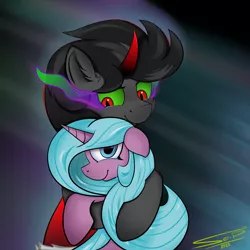 Size: 4000x4000 | Tagged: safe, artist:ser-p, derpibooru import, idw, king sombra, radiant hope, pony, spoiler:comic, crying, female, hopebra, hugging a pony, image, male, png, shipping, straight