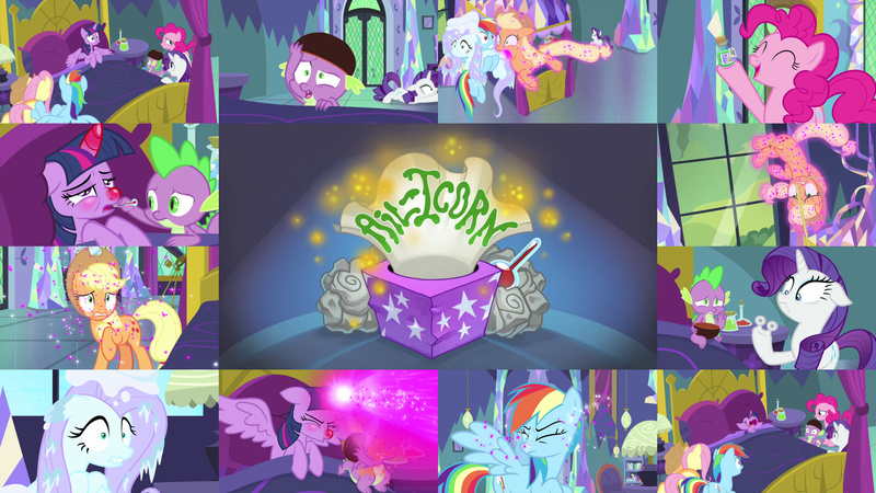 Size: 1974x1111 | Tagged: safe, derpibooru import, edit, edited screencap, editor:quoterific, screencap, applejack, fluttershy, pinkie pie, rainbow dash, rarity, spike, twilight sparkle, twilight sparkle (alicorn), alicorn, dragon, earth pony, pegasus, pony, unicorn, ail-icorn, spoiler:interseason shorts, age regression, angry, applejack's hat, baby, baby pony, babylight sparkle, cowboy hat, crying, crylight sparkle, eyes closed, female, freezing, hat, image, laser, male, mane six, open mouth, png, potion, red nose, sicklight sparkle, sneezing, thermometer, tissue, tissue box, twilight's castle, younger