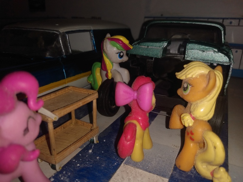 Size: 4160x3120 | Tagged: safe, derpibooru import, apple bloom, applejack, coconut cream, pinkie pie, ambulance, blind bag, cadillac, car, chevrolet bel air, everfree customs, garage, image, jpeg, push cart, toy, workbench