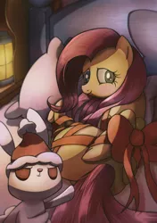 Size: 1280x1814 | Tagged: safe, artist:albertac, derpibooru import, angel bunny, fluttershy, pegasus, pony, rabbit, animal, bed, blushing, bow, butt, christmas, cute, duo, female, flutterbutt, gift wrapped, hat, holiday, image, jpeg, looking at you, male, mare, presenting, santa hat, shyabetes