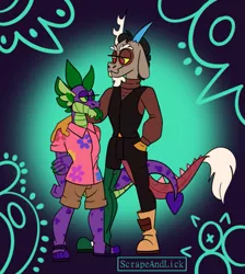 Size: 777x869 | Tagged: safe, artist:scrapeandlick, artist:spudsmcfrenzy, derpibooru import, discord, spike, anthro, clothes, dispike, gay, hand on shoulder, hawaiian shirt, height difference, image, male, png, shipping, shirt, tongue out