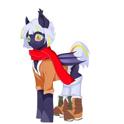 Size: 2900x2900 | Tagged: safe, artist:onyxflexer, derpibooru import, oc, oc:moon silver, unofficial characters only, bat pony, boots, clothes, coat, commission, female, image, png, scarf, shoes, simple background, solo, white background, winter