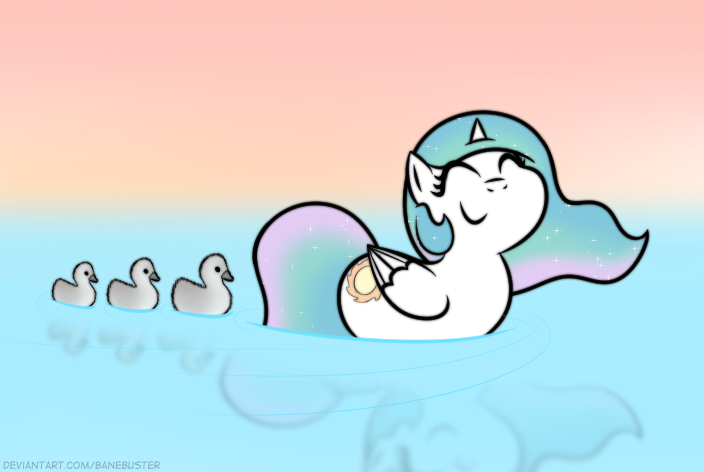 Size: 704x472 | Tagged: safe, artist:banebuster, derpibooru import, princess celestia, alicorn, bird, duck, goose, swan, series:tiny tia, behaving like a duck, chibi, cute, cutelestia, cygnet, ducklestia, duckling, eyes closed, happy, image, jpeg, momlestia, simple background, smiling, swanlestia, swimming, water, waterfowl