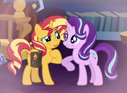 Size: 1314x961 | Tagged: safe, artist:jadethepegasus, derpibooru import, edit, edited screencap, screencap, starlight glimmer, sunset shimmer, pony, unicorn, equestria girls, mirror magic, spoiler:eqg specials, bag, blushing, book, cropped, duo, duo female, female, grin, image, lesbian, looking at each other, mare, open mouth, png, raised hoof, saddle bag, shimmerglimmer, shipping, smiling, teeth, twilight's castle