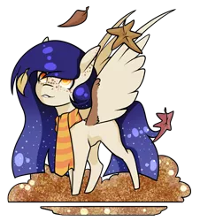 Size: 1949x2160 | Tagged: safe, artist:oneiria-fylakas, derpibooru import, oc, oc:autumn night, unofficial characters only, pegasus, pony, chibi, clothes, female, image, leaves, mare, png, scarf, simple background, solo, transparent background