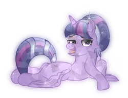 Size: 7000x5353 | Tagged: safe, artist:lincolnbrewsterfan, derpibooru import, part of a set, twilight sparkle, twilight sparkle (alicorn), alicorn, crystal pony, pony, absurd resolution, alternate hairstyle, bedroom eyes, belly button, crystallized, crystallized pony, derpibooru exclusive, female, hairband, image, lidded eyes, lying, mare, no base, png, simple background, smiling, smiling at you, solo, tail band, transparent background