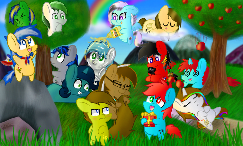 Size: 854x512 | Tagged: safe, artist:yoshi ringo, derpibooru import, oc, oc:bman64, oc:dreamer skies, oc:yoshi ringo, earth pony, pegasus, unicorn, 3ds, apple, apple tree, bipedal, chibi, climbing, earth pony oc, flying, food, holding a present, hooves on belly, horn, image, lying down, oil, on stomach, open mouth, pegasus oc, png, present, prone, sleeping, superhero, swirly eyes, teeth, tree, unicorn oc, wings