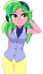 Size: 806x1388 | Tagged: safe, artist:rosemile mulberry, derpibooru import, lemon zest, equestria girls, alternate costumes, alternate hairstyle, clothes, cute, eyeshadow, female, hand on head, headphones, image, makeup, pants, png, raised eyebrow, simple background, solo, transparent hair, vest, white background, zestabetes