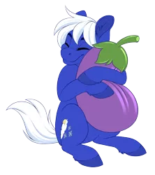 Size: 2840x3201 | Tagged: source needed, safe, artist:silkensaddle, derpibooru import, oc, unofficial characters only, earth pony, pony, colored, cute, eggplant, food, hug, image, png, simple background, solo, transparent background