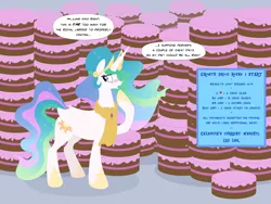 Size: 2100x1578 | Tagged: safe, artist:necrofeline, derpibooru import, princess celestia, alicorn, pony, series:celestia's winter gains growth drive, blushing, cake, cakelestia, clothes, dialogue, embarrassed, fattening, food, gray background, image, incentive drive, note expansion, one hoof raised, png, scarf, simple background, solo, this will end in weight gain, weight gain sequence