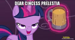 Size: 800x427 | Tagged: safe, derpibooru import, edit, edited screencap, screencap, twilight sparkle, twilight sparkle (alicorn), alicorn, pony, a hearth's warming tail, caption, cider, discovery family logo, drunk, drunk twilight, female, hearth's warming eve, image, image macro, jpeg, magic, mare, meme, mug, solo, spoonerism, telekinesis, text