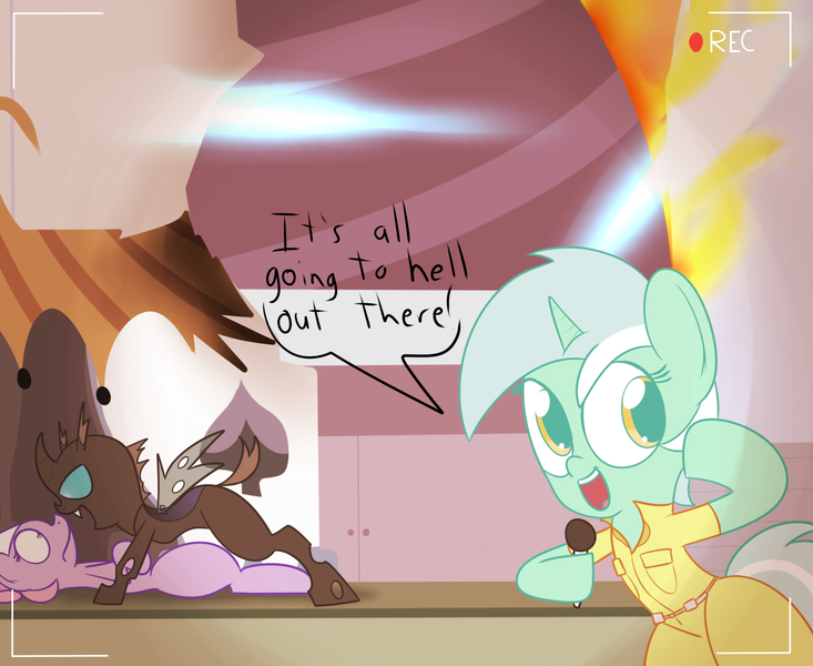 Size: 1280x1048 | Tagged: safe, artist:mr-degration, derpibooru import, lavender essence, lyra heartstrings, changeling, unicorn, april o'neil, clothes, crossover, female, image, microphone, png, reporter, spa pony, teenage mutant ninja turtles