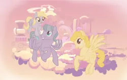 Size: 1486x940 | Tagged: safe, artist:acornheart465, derpibooru import, derpy hooves, oc, oc:borealis hooves, oc:daisy doo, pegasus, pony, cloud, cloudsdale, father, female, image, male, mother, parent, png, younger