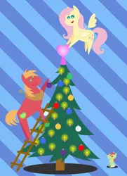 Size: 1872x2592 | Tagged: safe, anonymous artist, derpibooru import, big macintosh, fluttershy, oc, oc:late riser, earth pony, pegasus, pony, series:fm holidays, series:hearth's warming advent calendar, abstract background, advent calendar, baby, baby pony, candle, christmas, christmas ornament, christmas tree, colt, decoration, drool, family, female, fluttermac, hearth's warming, hearth's warming tree, holiday, hoof sucking, image, ladder, lineless, looking up, male, offspring, parent:big macintosh, parent:fluttershy, parents:fluttermac, png, pointy ponies, shipping, straight, tree