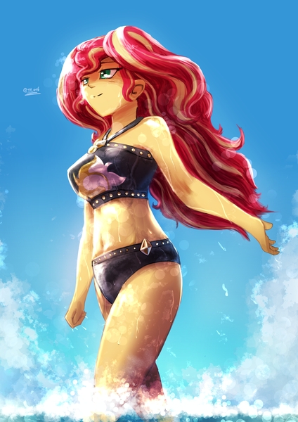 Size: 2893x4092 | Tagged: safe, artist:oberon826, derpibooru import, sunset shimmer, equestria girls, equestria girls series, beach shorts swimsuit, belly button, bikini, clothes, cloud, female, image, jpeg, ocean, sky, sleeveless, solo, summer sunset, sunset shimmer swimsuit, sunset shimmer's beach shorts swimsuit, swimsuit, water