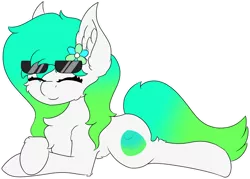 Size: 4572x3271 | Tagged: safe, artist:skylarpalette, derpibooru import, oc, oc:gumdrop, unofficial characters only, earth pony, pony, cheek fluff, chest fluff, ear fluff, earth pony oc, eyes closed, female, flower, fluffy, happy, image, lying down, mare, png, simple background, smiling, sunglasses, sunglasses on head, transparent background