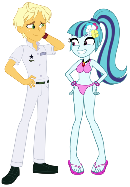 Size: 1240x1785 | Tagged: suggestive, artist:maretrick, artist:nano23823, derpibooru import, edit, ragamuffin (equestria girls), sonata dusk, equestria girls, equestria girls series, rainbow rocks, spring breakdown, spoiler:eqg series (season 2), absurd resolution, belt, bikini, breasts, clothes, cute, feet, female, flower, flower in hair, freckles, gem, image, jeans, jewelry, male, pants, pendant, pink swimsuit, png, ponytail, sandals, shipping, shirt, shoes, show accurate, simple background, siren gem, sonamuffin, sonatabetes, straight, swimsuit, transparent background, vector, watch