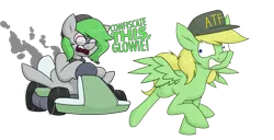 Size: 2741x1399 | Tagged: safe, artist:moonatik, derpibooru import, oc, oc:lemming, oc:trivial pursuit, earth pony, pegasus, pony, atf, beanie, cap, commission, dialogue, freckles, glasses, glow, go-kart, hat, high, image, male, png, running, simple background, spread wings, stallion, stoned, transparent background, wheel, wings, yelling
