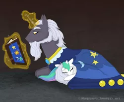 Size: 1936x1600 | Tagged: safe, artist:stargazerseven, derpibooru import, princess celestia, star swirl the bearded, pony, book, cloak, clothes, duo, female, filly, filly celestia, image, incorrect color scheme, male, png, sleeping, stallion, younger