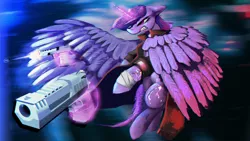 Size: 4009x2255 | Tagged: safe, artist:imadeus, derpibooru import, twilight sparkle, twilight sparkle (alicorn), alicorn, pony, blood, bullet, clothes, coat, fight, flying, gun, gunshot, handgun, image, jpeg, large wings, magic, pistol, solo, weapon, wings