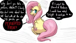 Size: 1920x1080 | Tagged: safe, artist:hitsuji, derpibooru import, fluttershy, pegasus, pony, angry, dialogue, female, image, implied anon, looking at you, mare, offscreen character, out of character, png, solo, speech bubble, talking to viewer