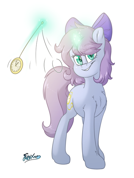 Size: 1500x2000 | Tagged: safe, artist:fluffyxai, derpibooru import, oc, oc:swirly daze, unofficial characters only, pony, hypnosis, image, looking at you, png, pocket watch, simple background, smiling, smirk, solo, white background