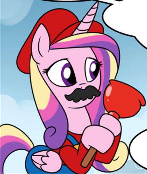 Size: 786x929 | Tagged: safe, artist:madmax, derpibooru import, edit, princess cadance, alicorn, pony, cap, clothes, comic, cosplay, costume, crossover, facial hair, female, hat, image, mare, mario, mario's hat, moustache, plunger, png, super mario bros.